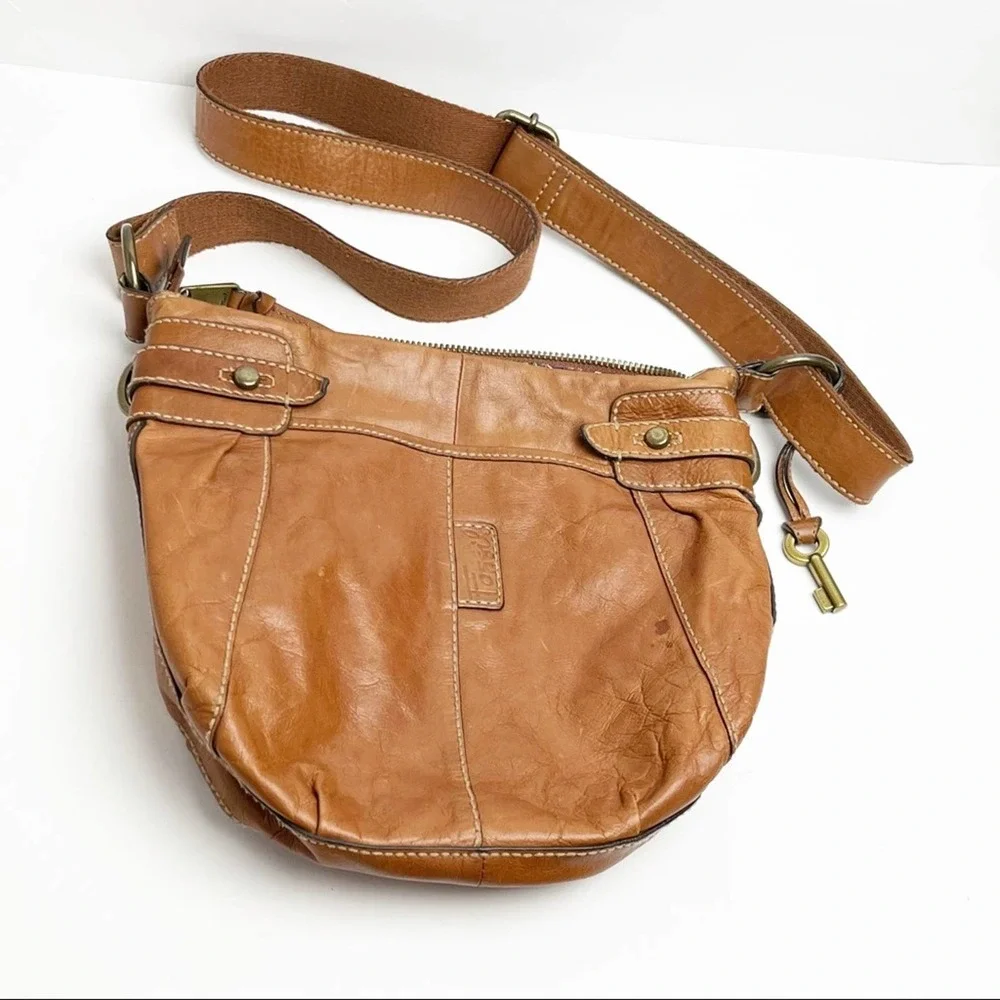 FOSSIL Brown Leather Stitched Adjustable Strap Paisley Lined Shoulder Bag Boho
